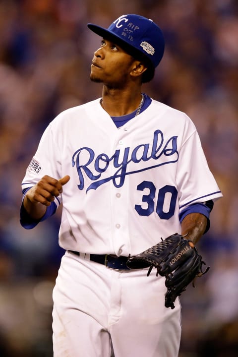 KANSAS CITY, MO – OCTOBER 28: Yordano Ventura #30 of the Kansas City Royals walks to the dugout after pitching in the fourth inning against the San Francisco Giants during Game Six of the 2014 World Series at Kauffman Stadium on October 28, 2014 in Kansas City, Missouri. (Photo by Ezra Shaw/Getty Images)