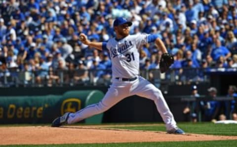 Apr 10, 2017; Kansas City, MO, USA; Kansas City Royals pitcher Ian Kennedy (31) delivers a pitch against the Oakland Athletics during the first inning at Kauffman Stadium. Mandatory Credit: Peter G. Aiken-USA TODAY Sports