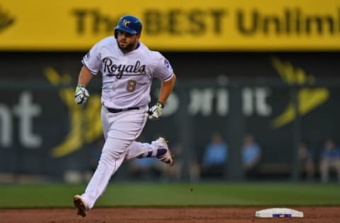 Apr 14, 2017; Kansas City, MO, USA; Kansas City Royals third basemen Mike Moustakas (8) rounds the bases after hitting a two run home run against the Los Angeles Angels during the first inning at Kauffman Stadium. Mandatory Credit: Peter G. Aiken-USA TODAY Sports