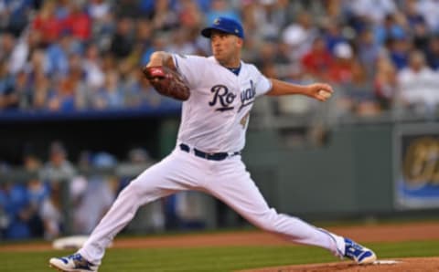 Apr 14, 2017; Kansas City, MO, USA; Kansas City Royals pitcher Danny Duffy (41) delivers a pitch against the Los Angeles Angels during the first inning at Kauffman Stadium. Mandatory Credit: Peter G. Aiken-USA TODAY Sports