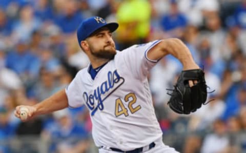 Apr 15, 2017; Kansas City, MO, USA; Kansas City Royals pitcher Nate Karns delivers a pitch against the Los Angeles Angels during the first inning at Kauffman Stadium. Mandatory Credit: Peter G. Aiken-USA TODAY Sports