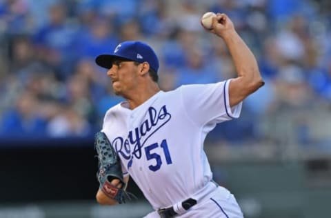 Apr 13, 2017; Kansas City, MO, USA; Kansas City Royals pitcher Jason Vargas (51) delivers a pitch against the Oakland Athletics during the first inning at Kauffman Stadium. Mandatory Credit: Peter G. Aiken-USA TODAY Sports