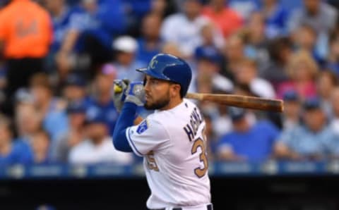 Apr 14, 2017; Kansas City, MO, USA; Kansas City Royals first basemen Eric Hosmer (35) at bat during a game against the Los Angeles Angels at Kauffman Stadium. Mandatory Credit: Peter G. Aiken-USA TODAY Sports