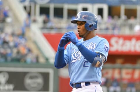 Apr 30, 2017; Kansas City, MO, USA; Kansas City Royals shortstop Alcides Escobar (2) celebrates after hitting a one run single in the sixth inning against the Minnesota Twins at Kauffman Stadium. Mandatory Credit: Denny Medley-USA TODAY Sports