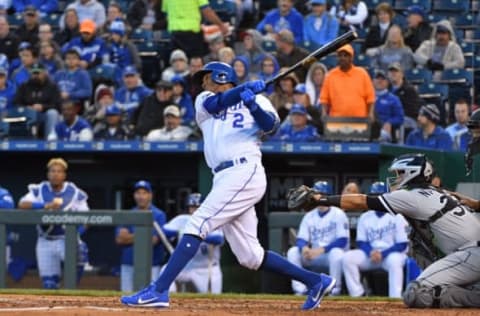 May 1, 2017; Kansas City, MO, USA; Kansas City Royals shortstop Alcides Escobar (2) connects for a double in the third inning against the Chicago White Sox at Kauffman Stadium. Mandatory Credit: Denny Medley-USA TODAY Sports