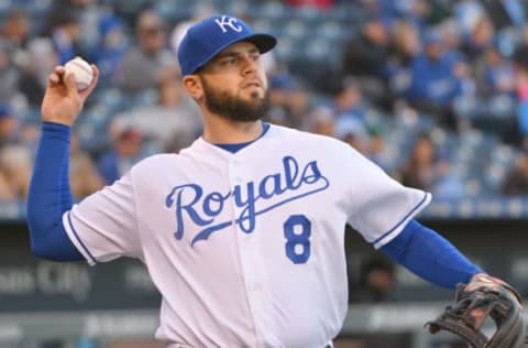 May 1, 2017; Kansas City, MO, USA; Kansas City Royals third baseman Mike Moustakas (8) warms up before the game against the Chicago White Sox at Kauffman Stadium. The Royals won 6-1. Mandatory Credit: Denny Medley-USA TODAY Sports