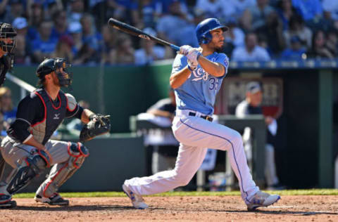 May 6, 2017; Kansas City, MO, USA; Kansas City Royals first basemen Eric Hosmer (35) hits a RBI single against the Cleveland Indians during the fourth inning at Kauffman Stadium. Mandatory Credit: Peter G. Aiken-USA TODAY Sports