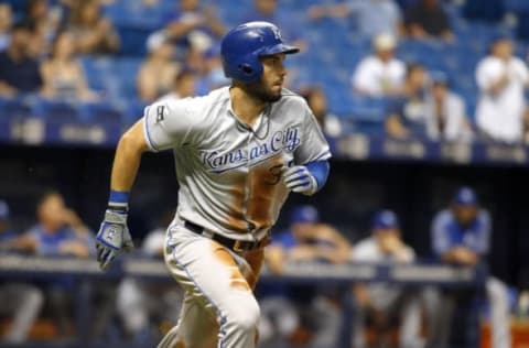 May 8, 2017; St. Petersburg, FL, USA; Kansas City Royals first baseman Eric Hosmer (35) runs out a single during the seventh inning against the Tampa Bay Rays at Tropicana Field. Mandatory Credit: Kim Klement-USA TODAY Sports