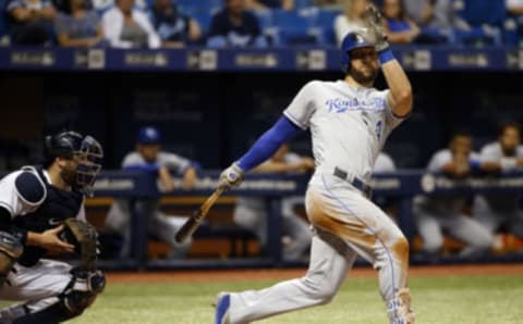 May 10, 2017; St. Petersburg, FL, USA; Kansas City Royals left fielder Alex Gordon (4) strikes out during the ninth inning against the Tampa Bay Rays at Tropicana Field.Tampa Bay Rays defeated the Kansas City Royals 12-1. Mandatory Credit: Kim Klement-USA TODAY Sports