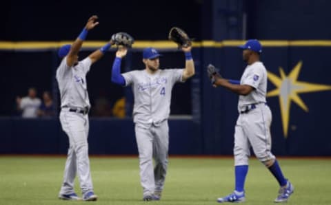 May 11, 2017; St. Petersburg, FL, USA;Kansas City Royals left fielder Jorge Bonifacio (38), center fielder Alex Gordon (4), right fielder Jorge Soler (12) congratulate each other after they beat the Tampa Bay Rays at Tropicana Field. Kansas City Royals defeated the Tampa Bay Rays 6-0. Mandatory Credit: Kim Klement-USA TODAY Sports