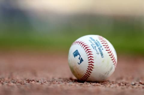 Jun 9, 2017; Atlanta, GA, USA; View of an official baseball on the infield before the Atlanta Braves game against the New York Mets at SunTrust Park. Mandatory Credit: Jason Getz-USA TODAY Sports