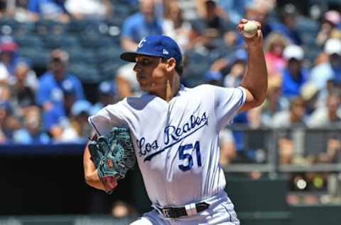 Jun 24, 2017; Kansas City, MO, USA; Kansas City Royals pitcher Jason Vargas (51) delivers a pitch against the Toronto Blue Jays during the first inning at Kauffman Stadium. Mandatory Credit: Peter G. Aiken-USA TODAY Sports