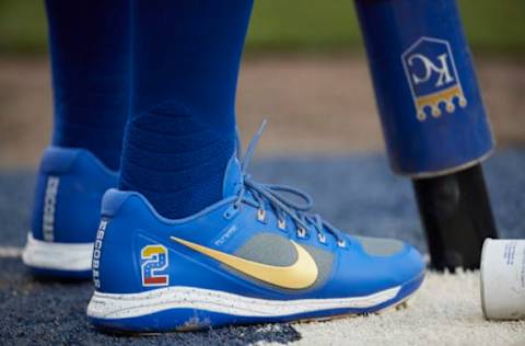 Jun 28, 2017; Detroit, MI, USA; Nike shoes of Kansas City Royals shortstop Alcides Escobar (2) during the game against the Detroit Tigers at Comerica Park. Mandatory Credit: Rick Osentoski-USA TODAY Sports