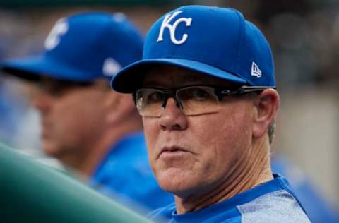 Jun 28, 2017; Detroit, MI, USA; Kansas City Royals manager Ned Yost (3) in the dugout during the first inning against the Detroit Tigers at Comerica Park. Mandatory Credit: Rick Osentoski-USA TODAY Sports