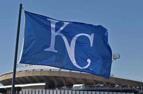 Apr 3, 2016; Kansas City, MO, USA; A general view of a Royals flay outside the stadium before the opening night game between the Kansas City Royals and the New York Mets at Kauffman Stadium. Mandatory Credit: Peter G. Aiken-USA TODAY Sports