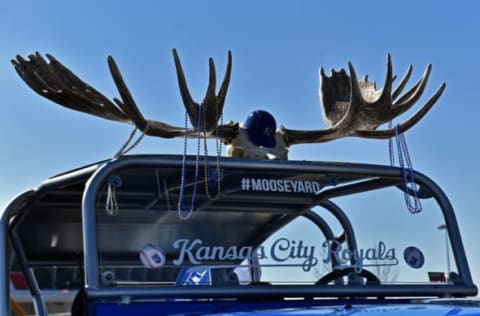 Apr 3, 2016; Kansas City, MO, USA; The Moose Jeep outside Kauffman Stadium before the opening night game between the KC Royals and the New York Mets at Kauffman Stadium. Mandatory Credit: Peter G. Aiken-USA TODAY Sports