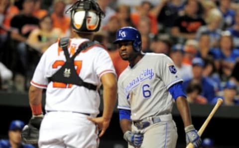 Jun 7, 2016; Baltimore, MD, USA; Kansas City Royals outfielder Lorenzo Cain (6) reacts during the game against the Baltimore Orioles at Oriole Park at Camden Yards. The Orioles won 9-1. Mandatory Credit: Evan Habeeb-USA TODAY Sports