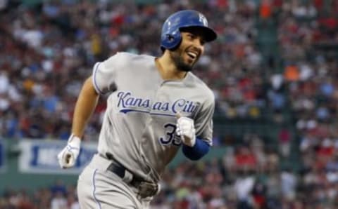 Aug 26, 2016; Boston, MA, USA; Kansas City Royals first baseman Eric Hosmer (35) reacts after hitting a three run homer against the Boston Red Sox in the first inning at Fenway Park. Mandatory Credit: David Butler II-USA TODAY Sports