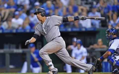 Aug 31, 2016; Kansas City, MO, USA; New York Yankees catcher Gary Sanchez (24) at bat against the Kansas City Royals during the twelfth inning at Kauffman Stadium. Mandatory Credit: Peter G. Aiken-USA TODAY Sports