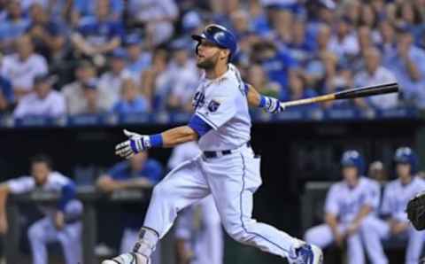 Aug 31, 2016; Kansas City, MO, USA; Kansas City Royals left fielder Alex Gordon (4) at bat against the New York Yankees during the ninth inning at Kauffman Stadium. Mandatory Credit: Peter G. Aiken-USA TODAY Sports