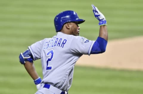 Sep 22, 2016; Cleveland, OH, USA; Kansas City Royals shortstop Alcides Escobar (2) celebrates his two-run home run in the second inning against the Cleveland Indians at Progressive Field. Mandatory Credit: David Richard-USA TODAY Sports