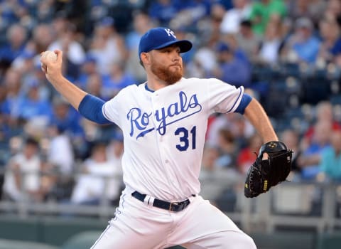 Sep 27, 2016; Kansas City, MO, USA; Kansas City Royals starting pitcher Ian Kennedy (31) delivers a pitch against the Minnesota Twins in the first inning at Kauffman Stadium. Mandatory Credit: John Rieger-USA TODAY Sports