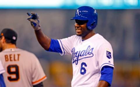 Apr 18, 2017; Kansas City, MO, USA; Kansas City Royals center fielder Lorenzo Cain (6) reacts after hitting a single in the tenth inning of the game against the San Francisco Giants at Kauffman Stadium. The Giants won 2-1. Mandatory Credit: Jay Biggerstaff-USA TODAY Sports