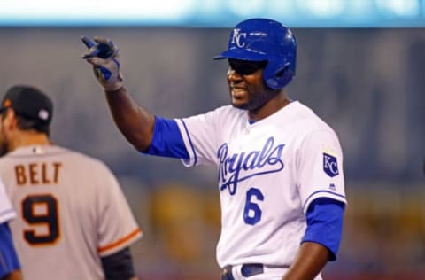 Apr 18, 2017; Kansas City, MO, USA; Kansas City Royals center fielder Lorenzo Cain (6) reacts after hitting a single in the tenth inning of the game against the San Francisco Giants at Kauffman Stadium. The Giants won 2-1. Mandatory Credit: Jay Biggerstaff-USA TODAY Sports