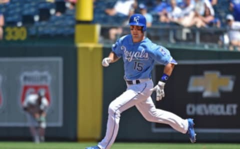 Jul 10, 2016; Kansas City, MO, USA; Kansas City Royals second basemen Whit Merrifield (15) runs to second base after hitting a double against the Seattle Mariners during the eighth inning at Kauffman Stadium. Mandatory Credit: Peter G. Aiken-USA TODAY Sports