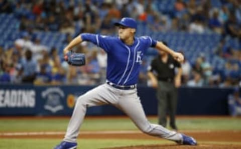 Aug 4, 2016; St. Petersburg, FL, USA; Kansas City Royals relief pitcher Matt Strahm (64) throws a pitch against the Tampa Bay Rays at Tropicana Field. Mandatory Credit: Kim Klement-USA TODAY Sports