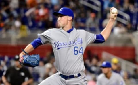 Aug 23, 2016; Miami, FL, USA; Kansas City Royals relief pitcher Matt Strahm (64) throws during the seventh inning against the Miami Marlins at Marlins Park. Mandatory Credit: Steve Mitchell-USA TODAY Sports