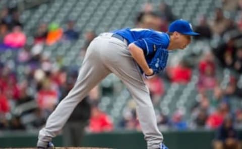 Apr 5, 2017; Minneapolis, MN, USA; Kansas City Royals relief pitcher Matt Strahm (64) pitches in the seventh inning against the Minnesota Twins at Target Field. The Minnesota Twins beat the Kansas City Royals 9-1. Mandatory Credit: Brad Rempel-USA TODAY Sports