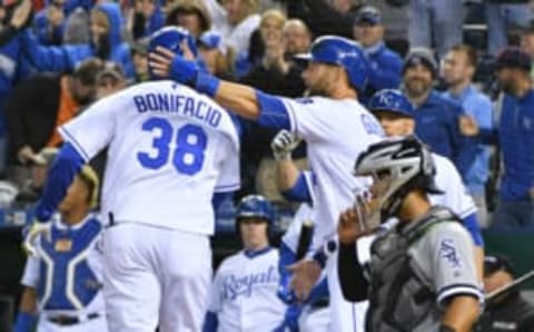 May 1, 2017; Kansas City, MO, USA; Kansas City Royals right fielder Jorge Bonifacio (38) is congratulated by left fielder Alex Gordon (4) after hitting a two run home run in the fourth inning against the Chicago White Sox at Kauffman Stadium. Mandatory Credit: Denny Medley-USA TODAY Sports