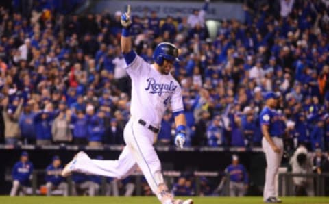 Oct 27, 2015; Kansas City, MO, USA; Kansas City Royals left fielder Alex Gordon (4) celebrates after hitting a solo home run against the New York Mets in the 9th inning in game one of the 2015 World Series at Kauffman Stadium. Mandatory Credit: Jeff Curry-USA TODAY Sports