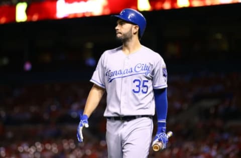 Jun 29, 2016; St. Louis, MO, USA; Kansas City Royals first baseman Eric Hosmer (35) walks back to the dugout after a strikeout against the St. Louis Cardinals at Busch Stadium. Mandatory Credit: Billy Hurst-USA TODAY Sports