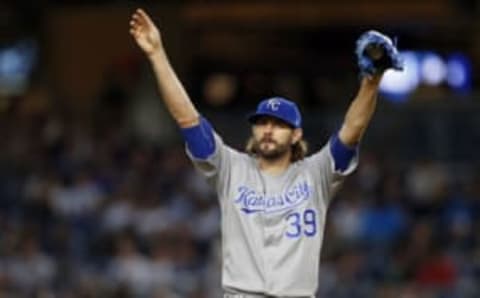 May 24, 2017; Bronx, NY, USA; Kansas City Royals starting pitcher Jason Hammel (39) reacts against the New York Yankees during the fourth inning at Yankee Stadium. Mandatory Credit: Adam Hunger-USA TODAY Sports