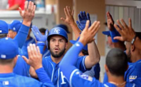 Jun 10, 2017; San Diego, CA, USA; Kansas City Royals first baseman Eric Hosmer (35) is congratulated by teammates after hitting a two run home run during the eighth inning against the San Diego Padres at Petco Park. Mandatory Credit: Jake Roth-USA TODAY Sports