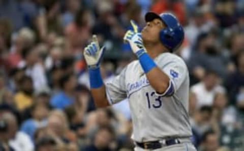 Jun 28, 2017; Detroit, MI, USA; Kansas City Royals catcher Salvador Perez (13) celebrates his two run home run in the fourth inning against the Detroit Tigers at Comerica Park. Mandatory Credit: Rick Osentoski-USA TODAY Sports