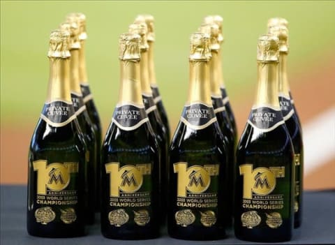 Aug 4, 2013; Miami, FL, USA; The Miami Marlins honored the tenth anniversary of the 2003 World Champions before a game against the Cleveland Indians at Marlins Park. Champagne bottles were given to members of that team present. Mandatory Credit: Robert Mayer-USA TODAY Sports