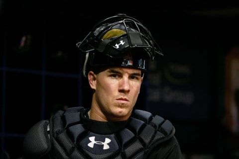 Sep 29, 2015; St. Petersburg, FL, USA; Miami Marlins catcher J.T. Realmuto (20) against the Tampa Bay Rays at Tropicana Field. Mandatory Credit: Kim Klement-USA TODAY Sports