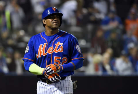 Nov 1, 2015; New York City, NY, USA; New York Mets center fielder Yoenis Cespedes (52) reacts after popping out in the 6th inning against the Kansas City Royals in game five of the World Series at Citi Field. Mandatory Credit: Robert Deutsch-USA TODAY Sports