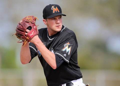 Feb 21, 2016; Jupiter, FL, USA; Miami Marlins pitcher Paul Clemens (50) during work out drills at Roger Dean Stadium. Mandatory Credit: Steve Mitchell-USA TODAY Sports