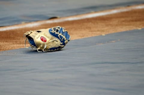 WASHINGTON, DC – JULY 17: Salvador Perez #13 of the Kansas City Royals and the American League’s glove. (Photo by Patrick Smith/Getty Images)