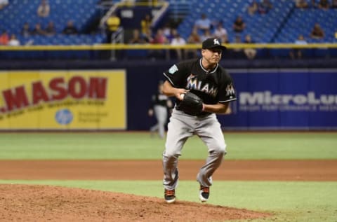 ST PETERSBURG, FL – JULY 20: Javy Guerra #40 of the Miami Marlins commits an error during the ninth inning against the Tampa Bay Rays on July 20, 2018 at Tropicana Field in St Petersburg, Florida. (Photo by Julio Aguilar/Getty Images)