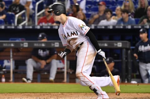 MIAMI, FL – JULY 24: Brian Anderson #15 of the Miami Marlins singles in the sixth inning against the Atlanta Braves at Marlins Park on July 24, 2018 in Miami, Florida. (Photo by Mark Brown/Getty Images)