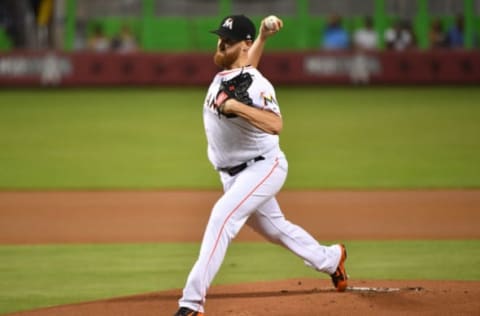 MIAMI, FL – JULY 26: Dan Straily #58 of the Miami Marlins pitches in the first inning against the Washington Nationals at Marlins Park on July 26, 2018 in Miami, Florida. (Photo by Mark Brown/Getty Images)