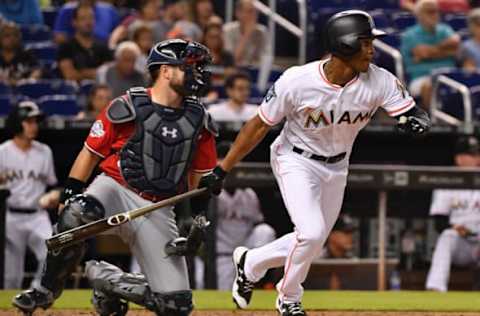 MIAMI, FL – JULY 29: Magneuris Sierra #34 of the Miami Marlins singles in the second inning against the Washington Nationals at Marlins Park on July 29, 2018 in Miami, Florida. (Photo by Mark Brown/Getty Images)