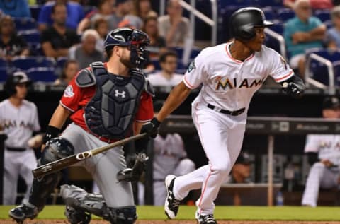 MIAMI, FL – JULY 29: Magneuris Sierra #34 of the Miami Marlins singles in the second inning against the Washington Nationals at Marlins Park on July 29, 2018 in Miami, Florida. (Photo by Mark Brown/Getty Images)