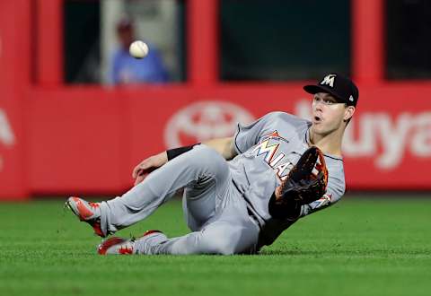 PHILADELPHIA, PA – AUGUST 2: Brian Anderson #15 of the Miami Marlins makes a diving catch on a shallow fly ball to right field in the seventh inning during a game against the Philadelphia Phillies at Citizens Bank Park on August 2, 2018 in Philadelphia, Pennsylvania. The Phillies won 5-2. (Photo by Hunter Martin/Getty Images)