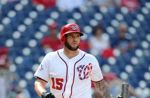 WASHINGTON, DC – AUGUST 04: Matt Adams #15 of the Washington Nationals walks to the dugout after striking out to end the game against the Cincinnati Reds during game one of a doubleheader at Nationals Park on August 4, 2018 in Washington, DC. Cincinnati won the game 7-1. (Photo by Greg Fiume/Getty Images)